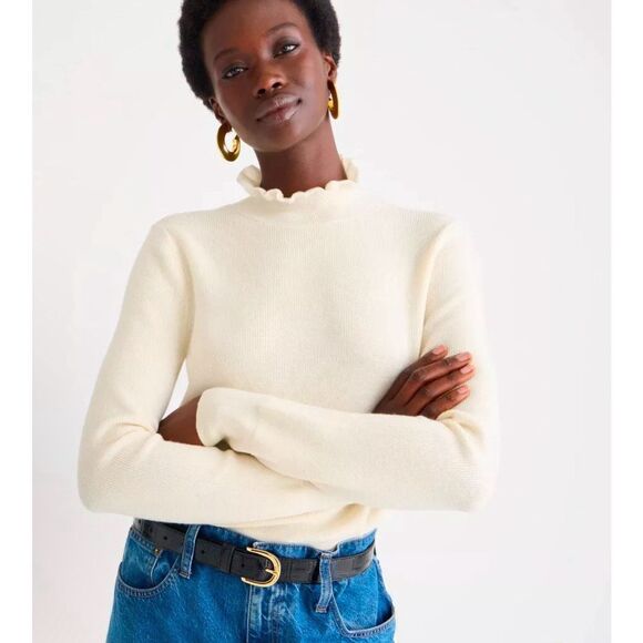 J Crew Sweater Womens Medium Cream Merino Wool Blend Ruffleneck Pullover Preppy - Picture 1 of 16